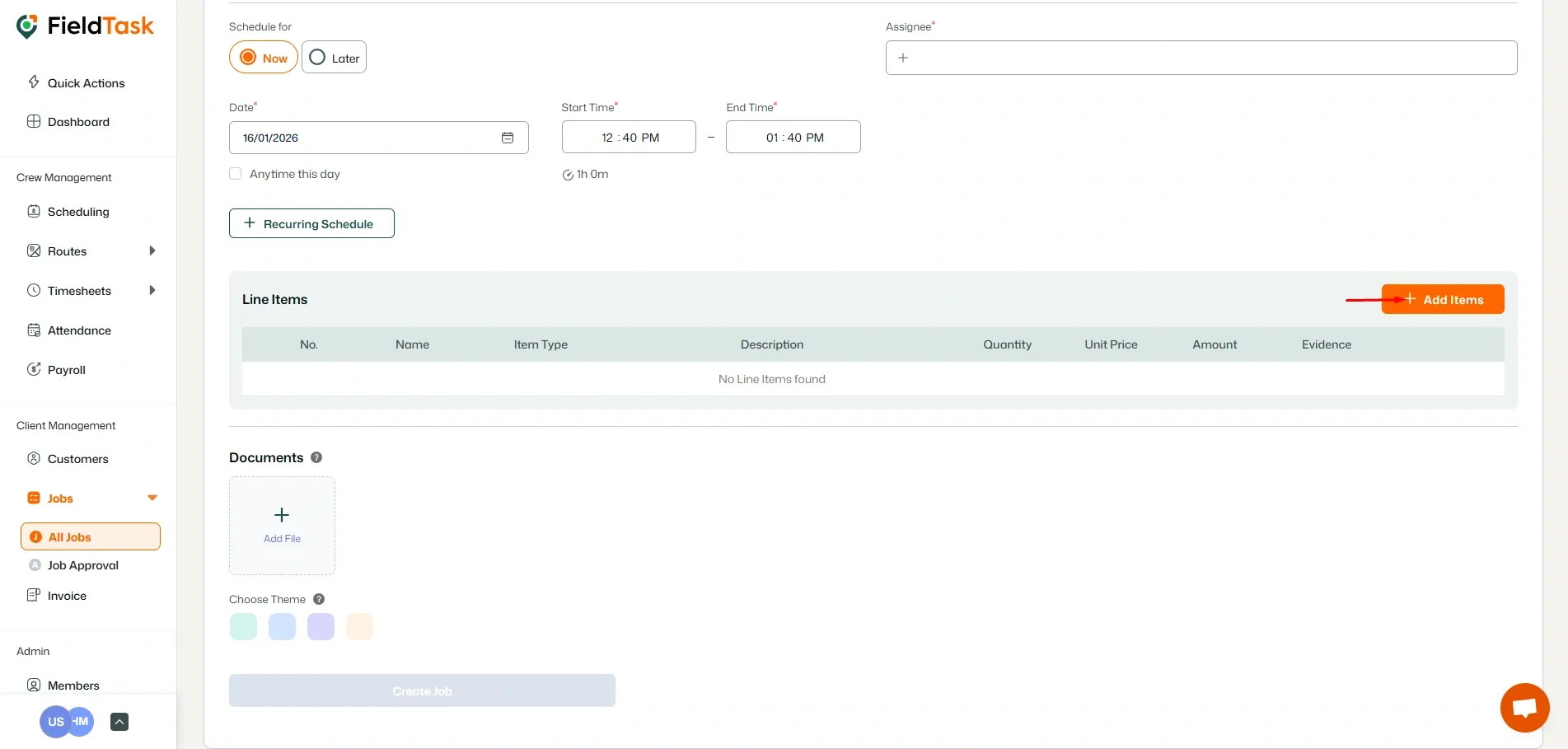 FieldTask Job Creation Page