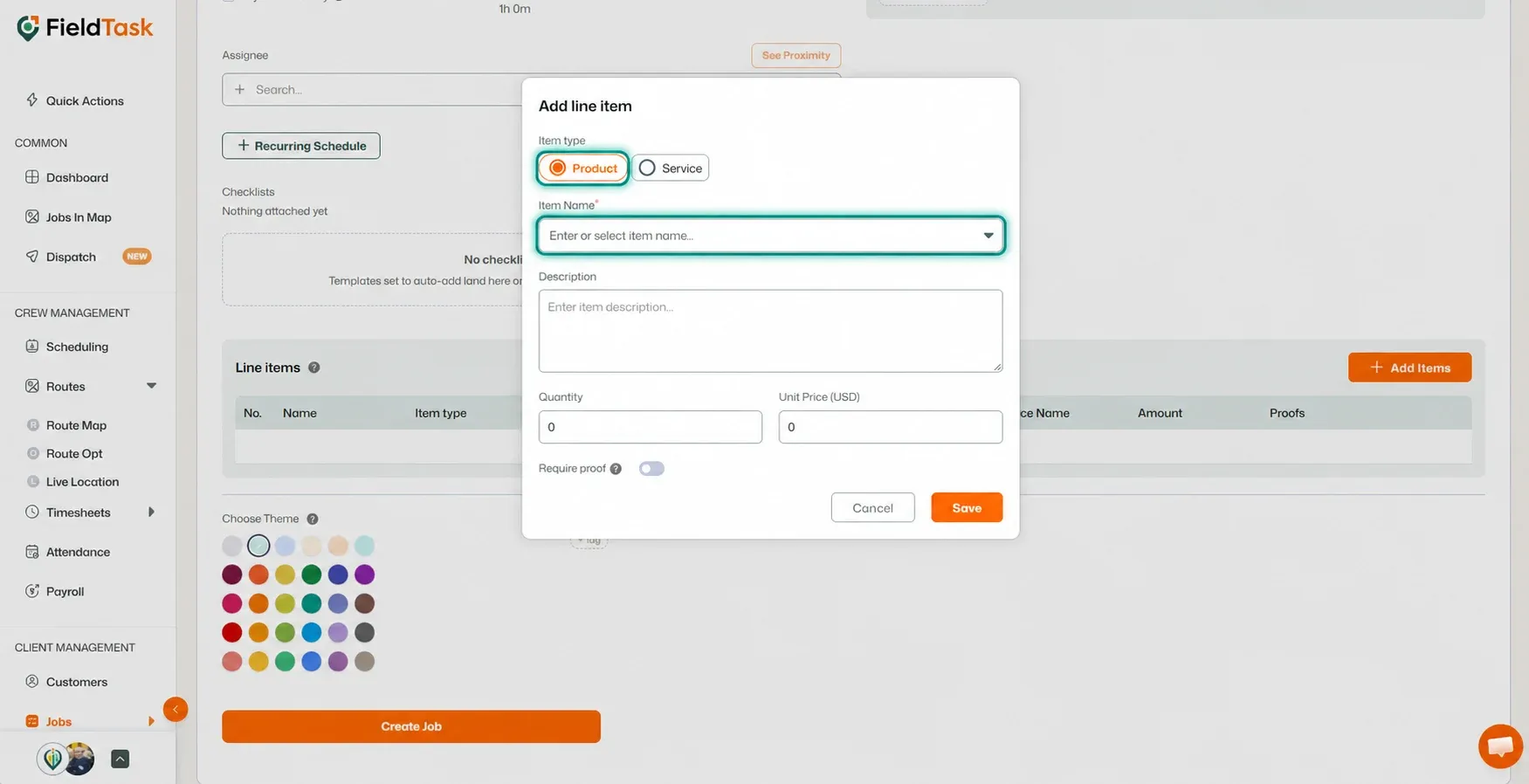 Product option and item name field highlighted in line item form.
