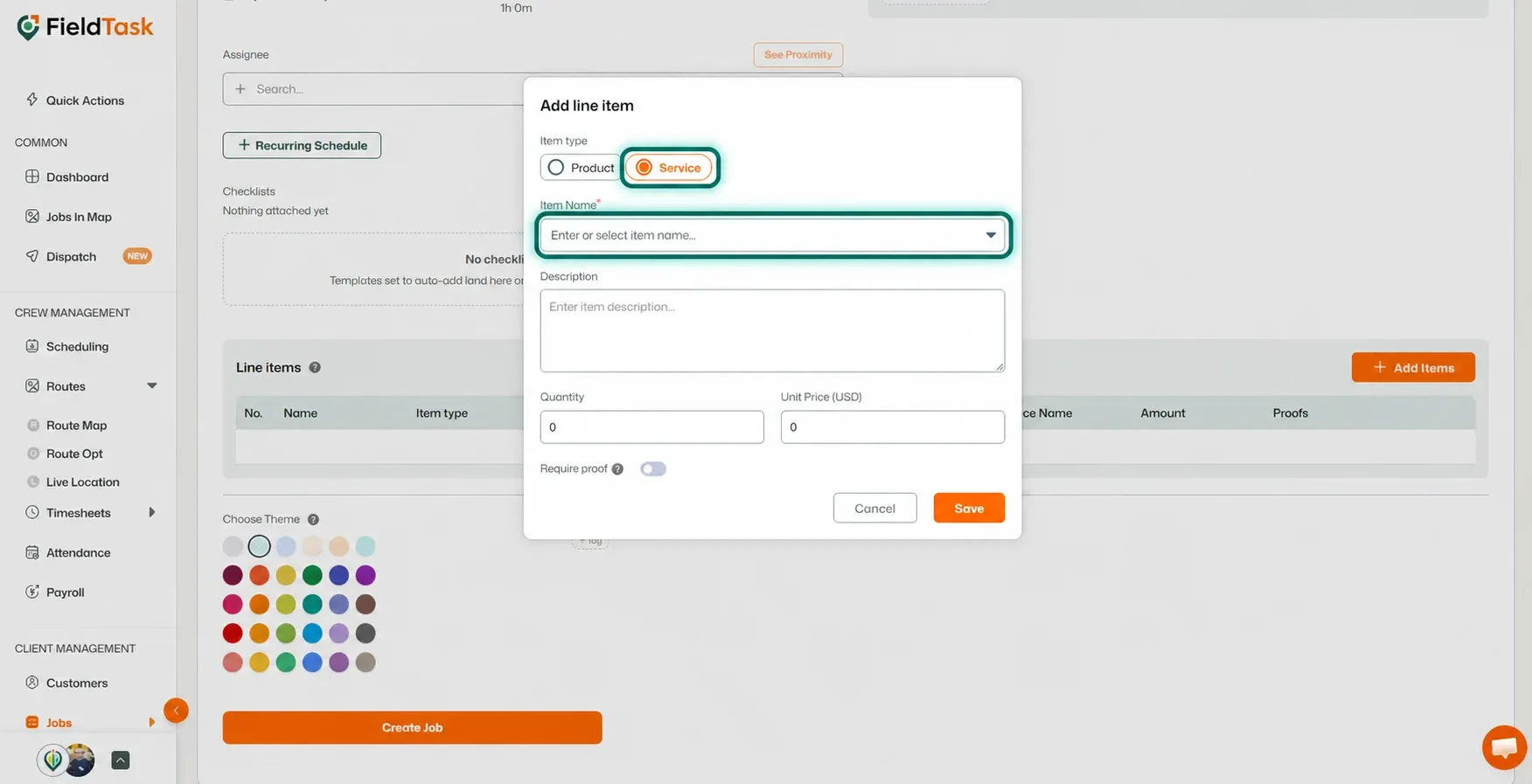 Service option and item name field highlighted in line item form.