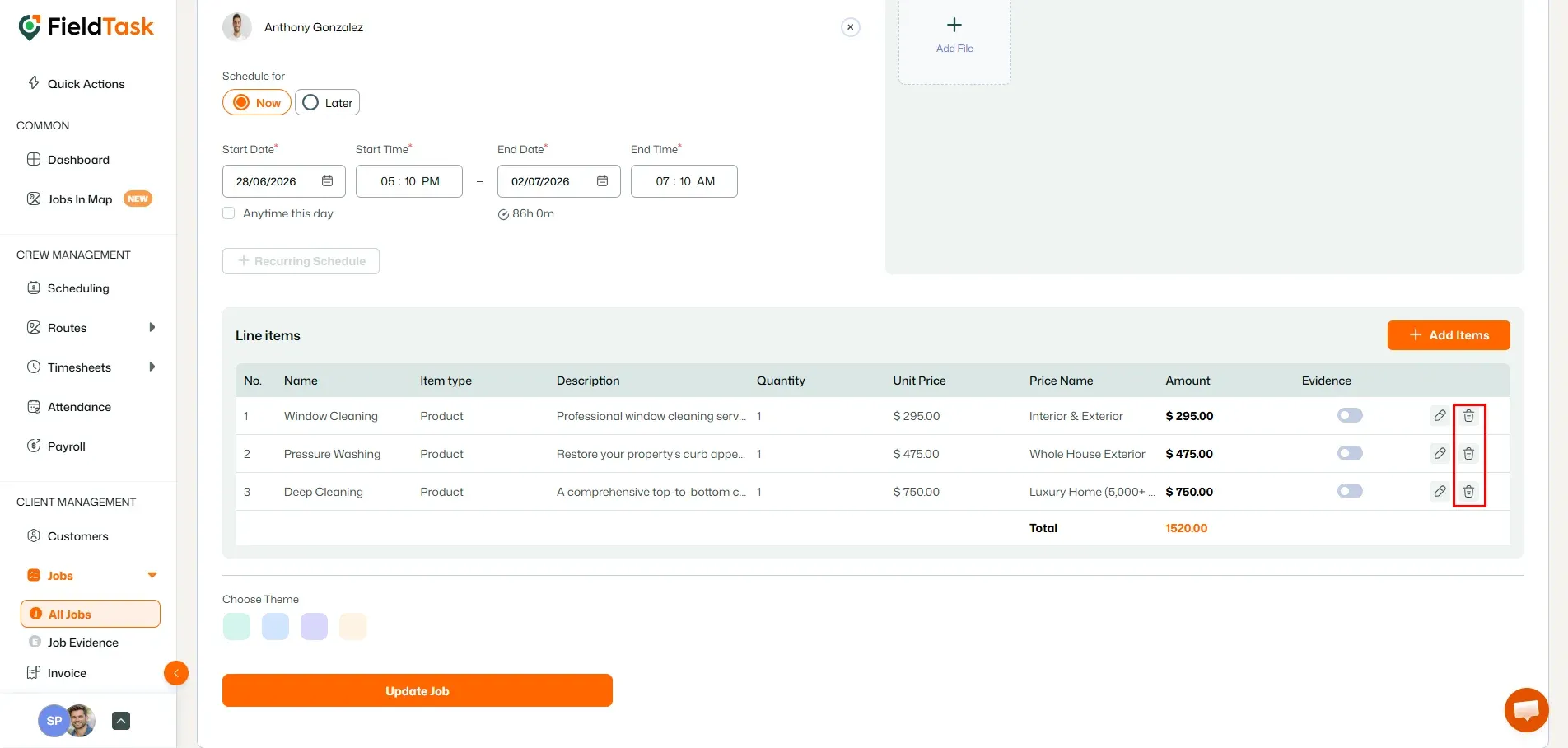 Delete section highlighted in FieldTask job line items section