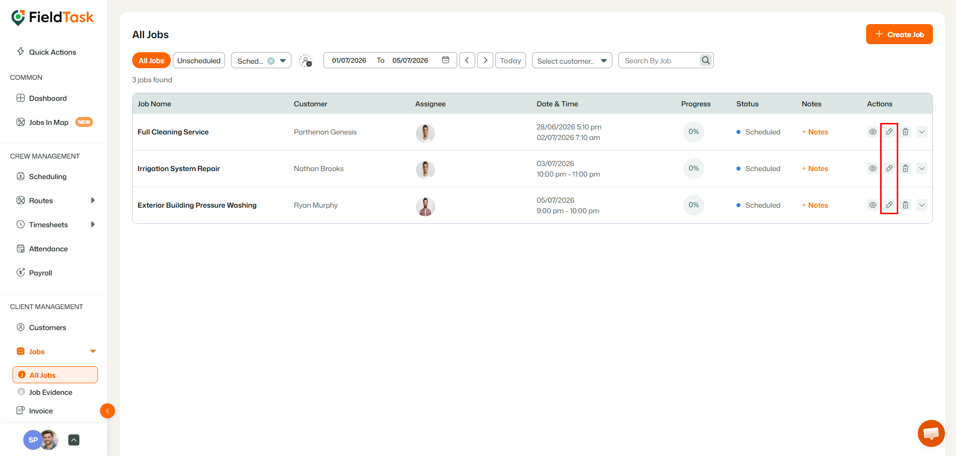 FieldTask filtered all jobs list with edit job actions highlighted