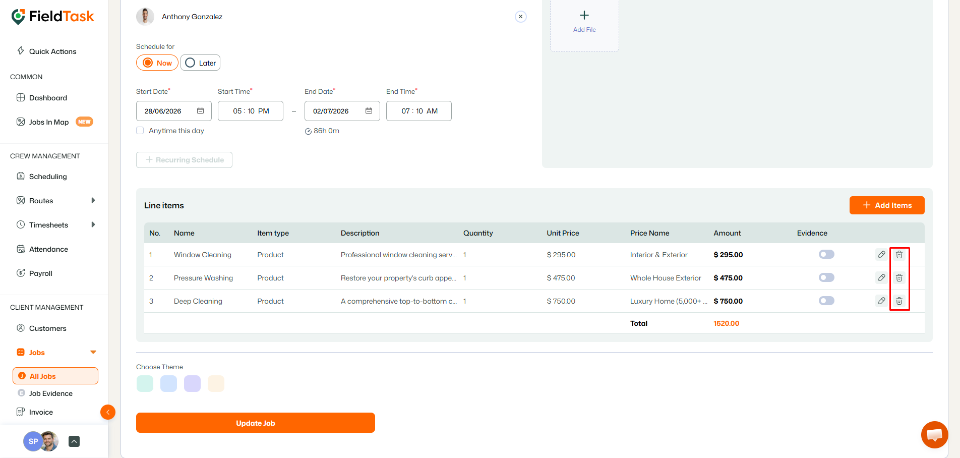 FieldTask edit job page showing line items with delete actions highlighted