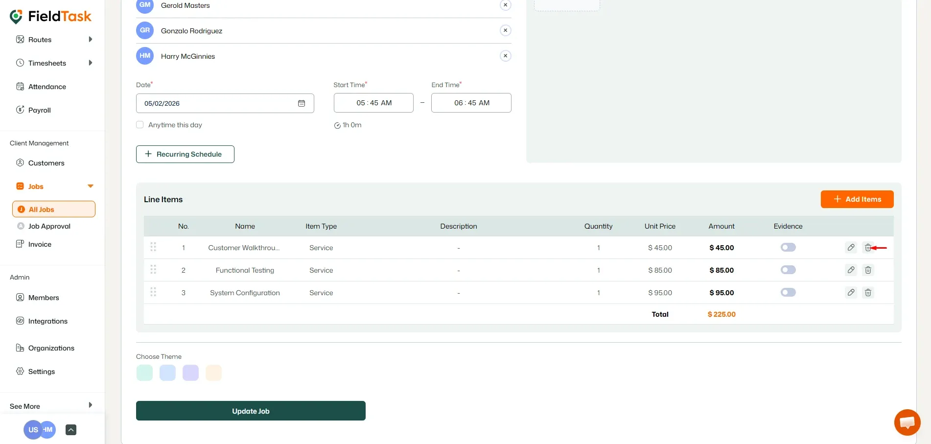 FieldTask Line Item Section on Job Creation Page