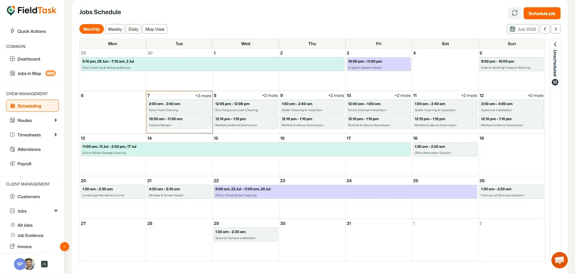 FieldTask job schedule calendar with July jobs and Schedule Job button visible