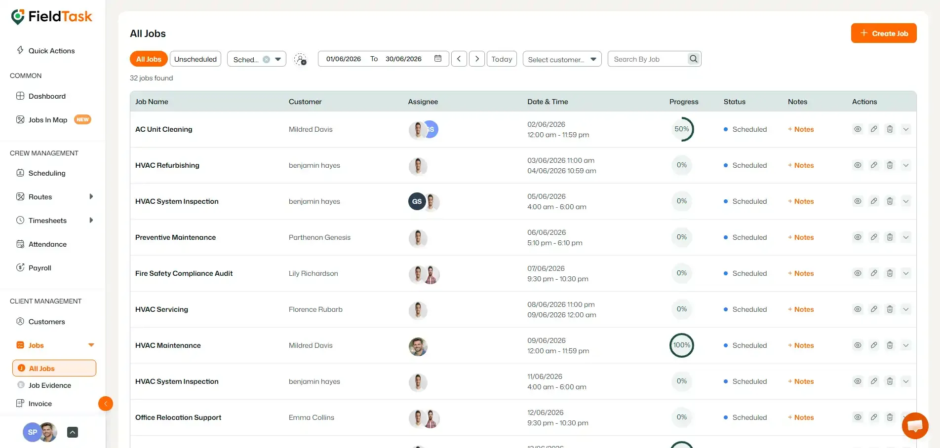 FieldTask all jobs list showing job rows with line item access through job details