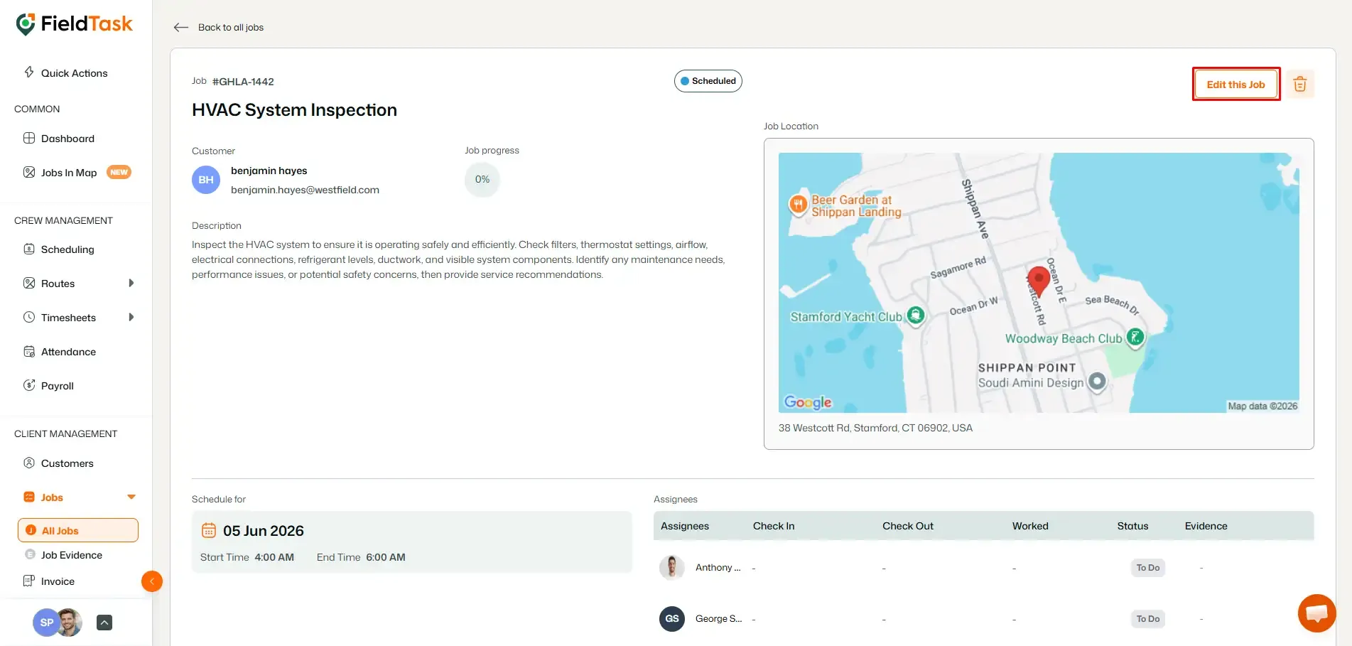 FieldTask job details page with Edit this Job button highlighted