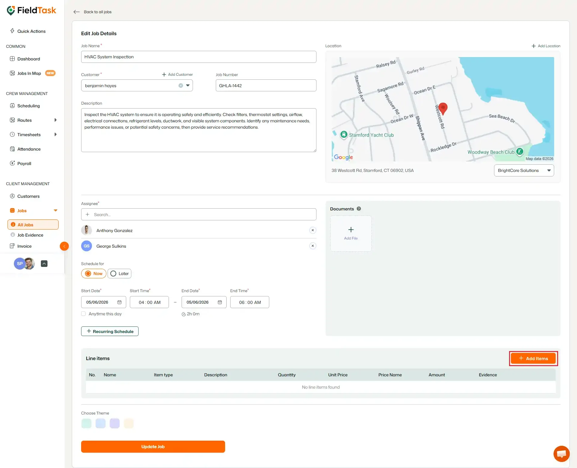 FieldTask edit job details page with Add Items button highlighted