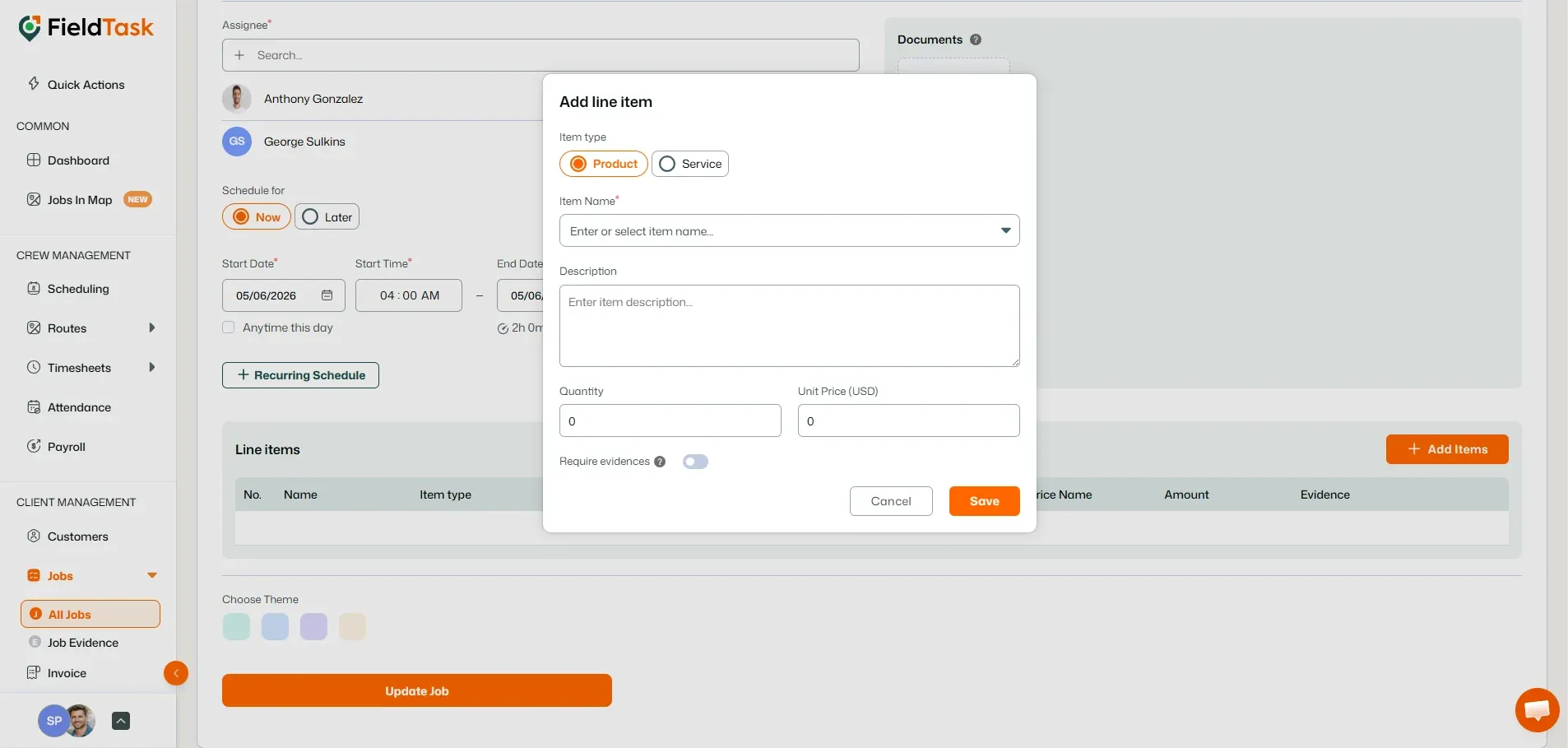FieldTask add line item modal with product/service selection, item details, pricing, evidence requirement, and Save button