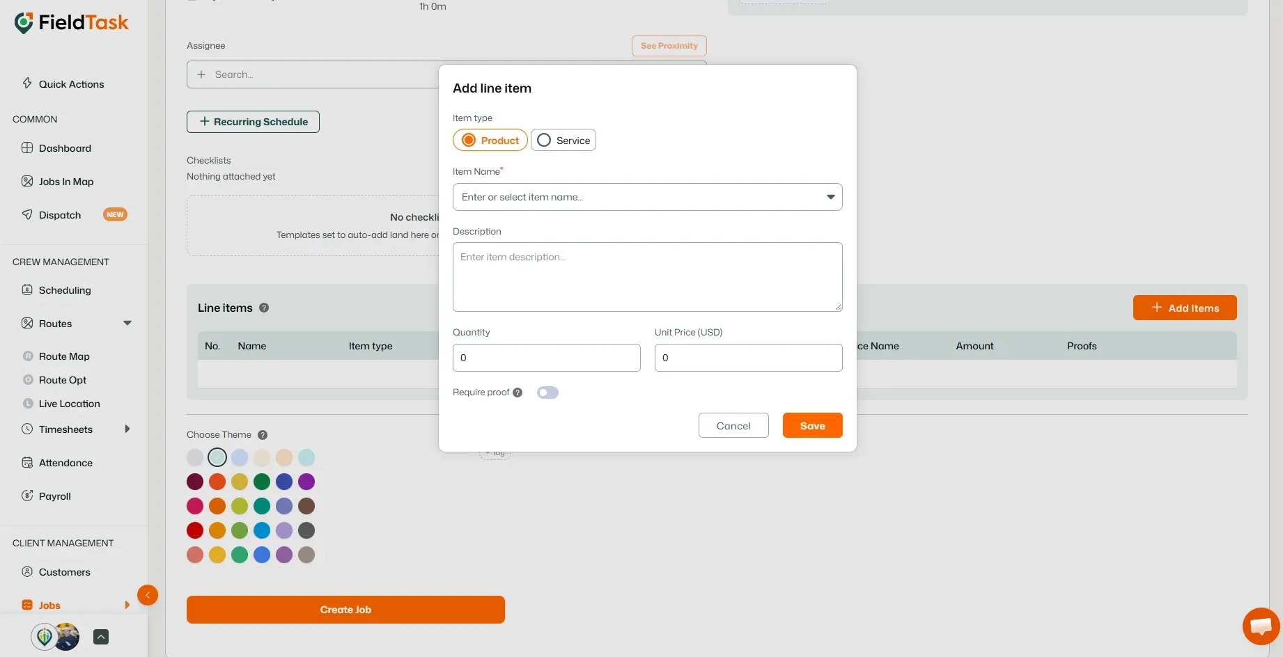Add line item popup with Product option and item name field open.