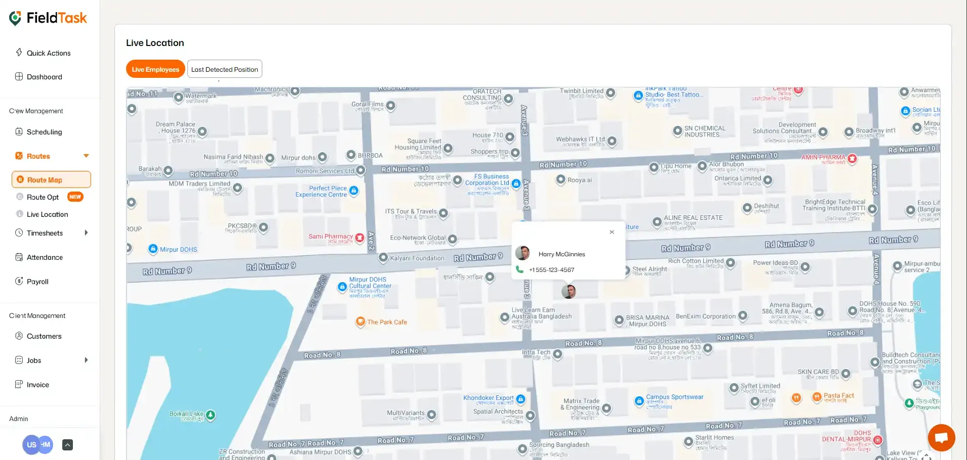 FieldTask Live Location map with employee marker popup