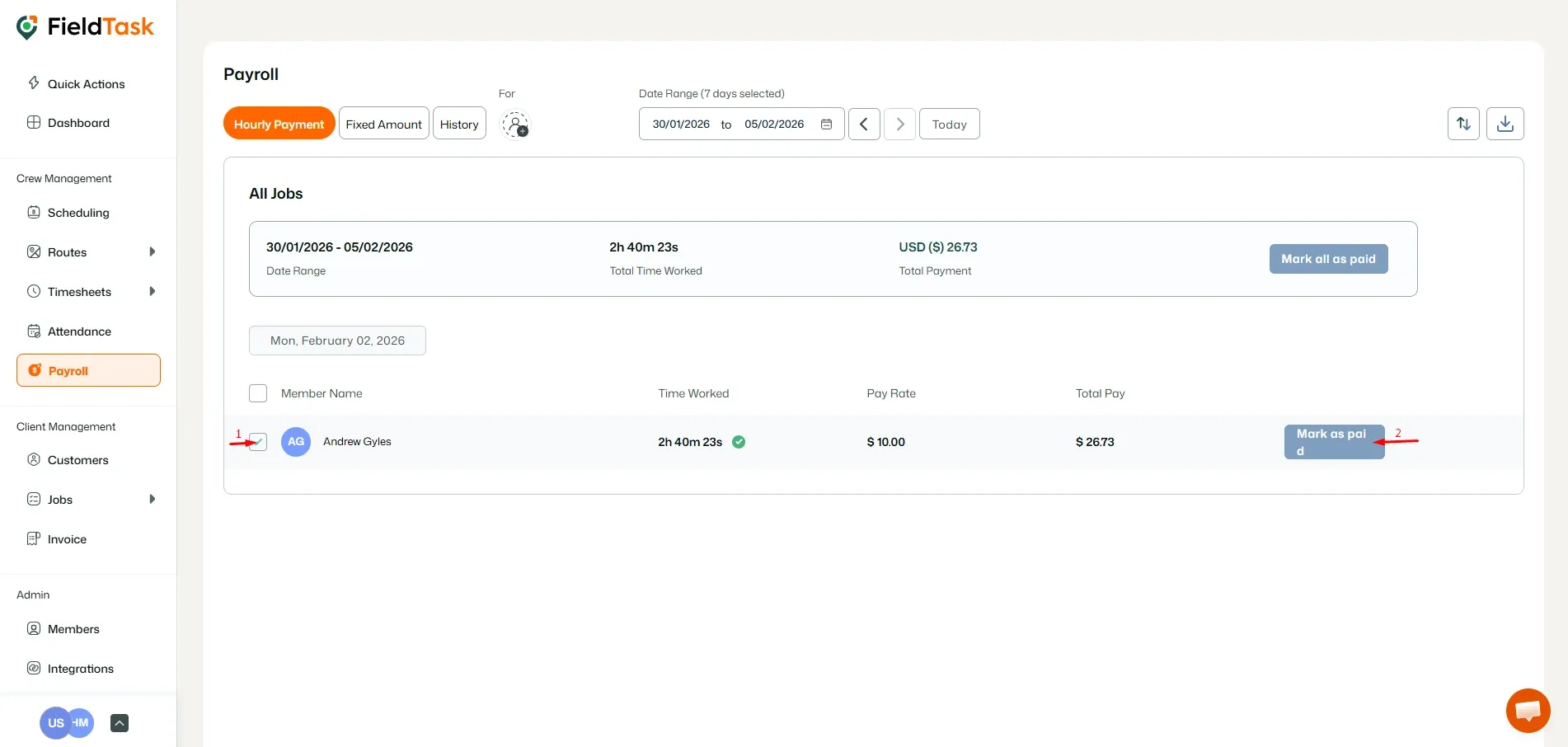 FieldTask Payroll Page