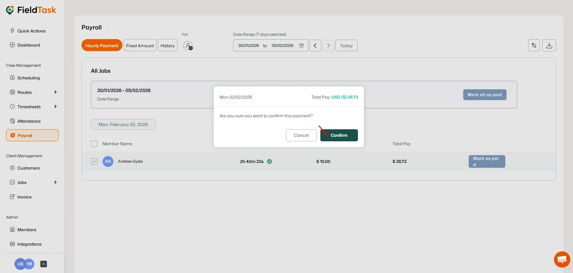 FieldTask Payroll Page Marking Hourly Rate