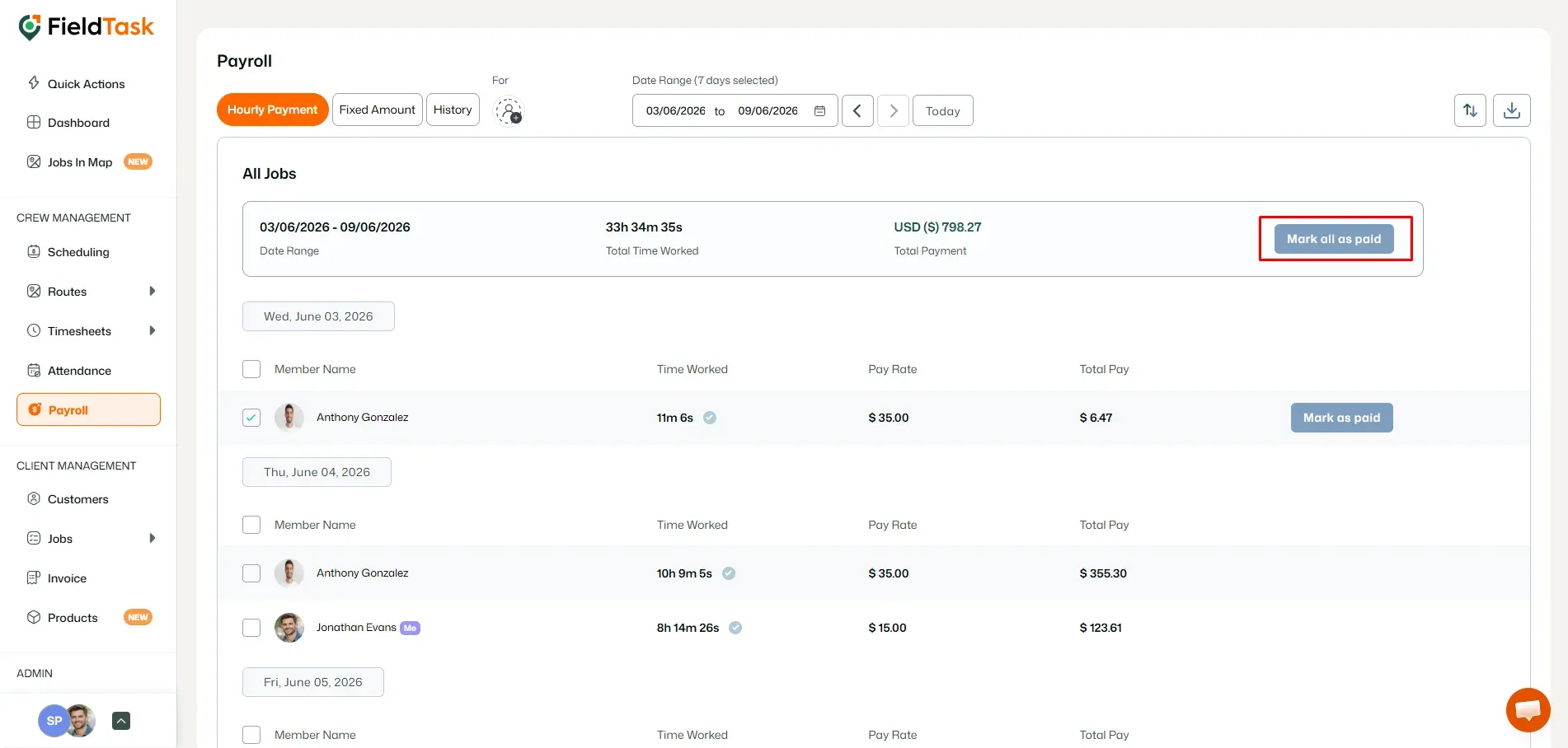 FieldTask hourly payroll page with Mark all as paid button highlighted