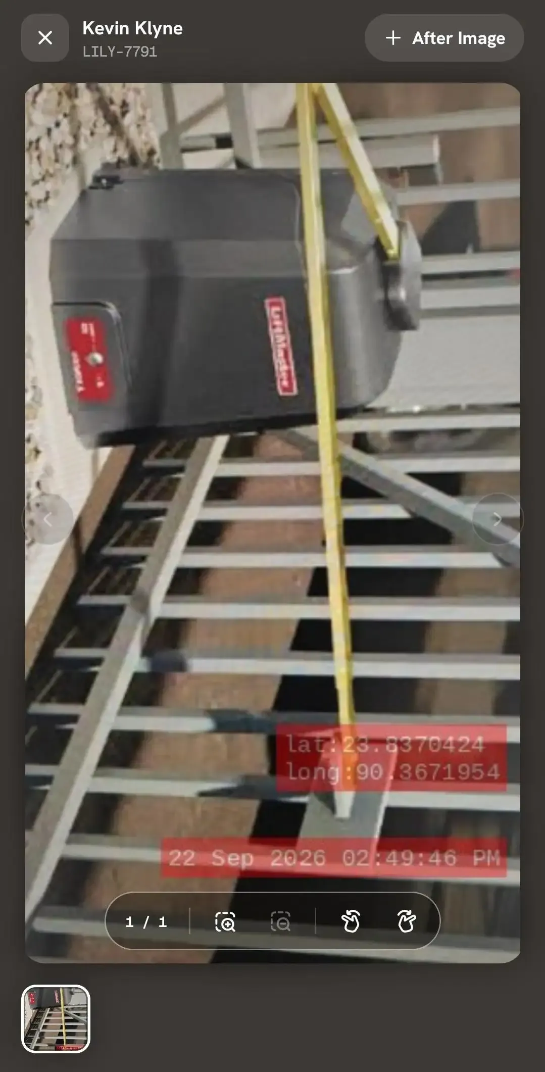 Job proof image viewer showing uploaded equipment photo