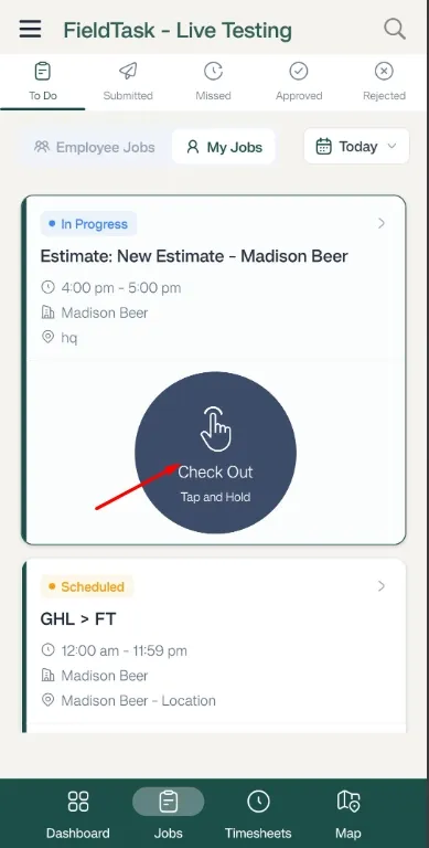 FieldTask Mobile App Jobs Page 