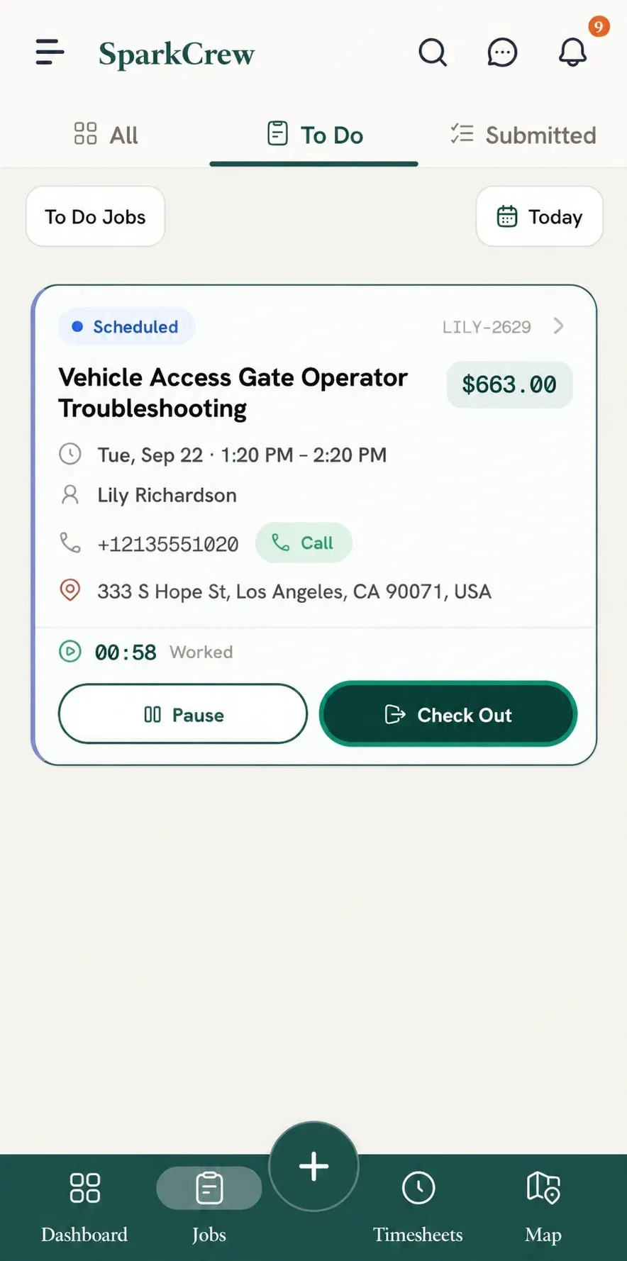 To Do job card with highlighted Check Out button