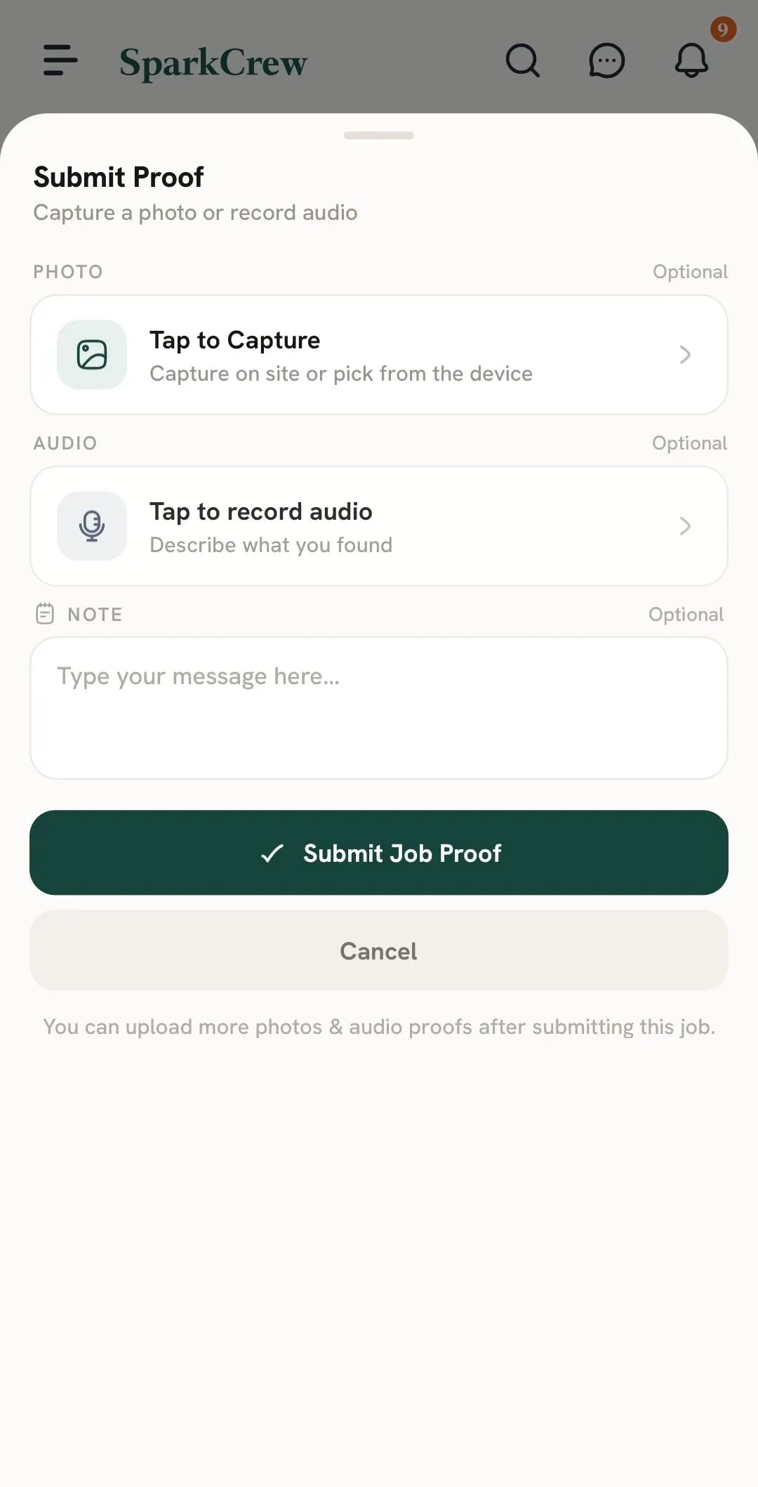 Submit Proof form for photo, audio, and notes
