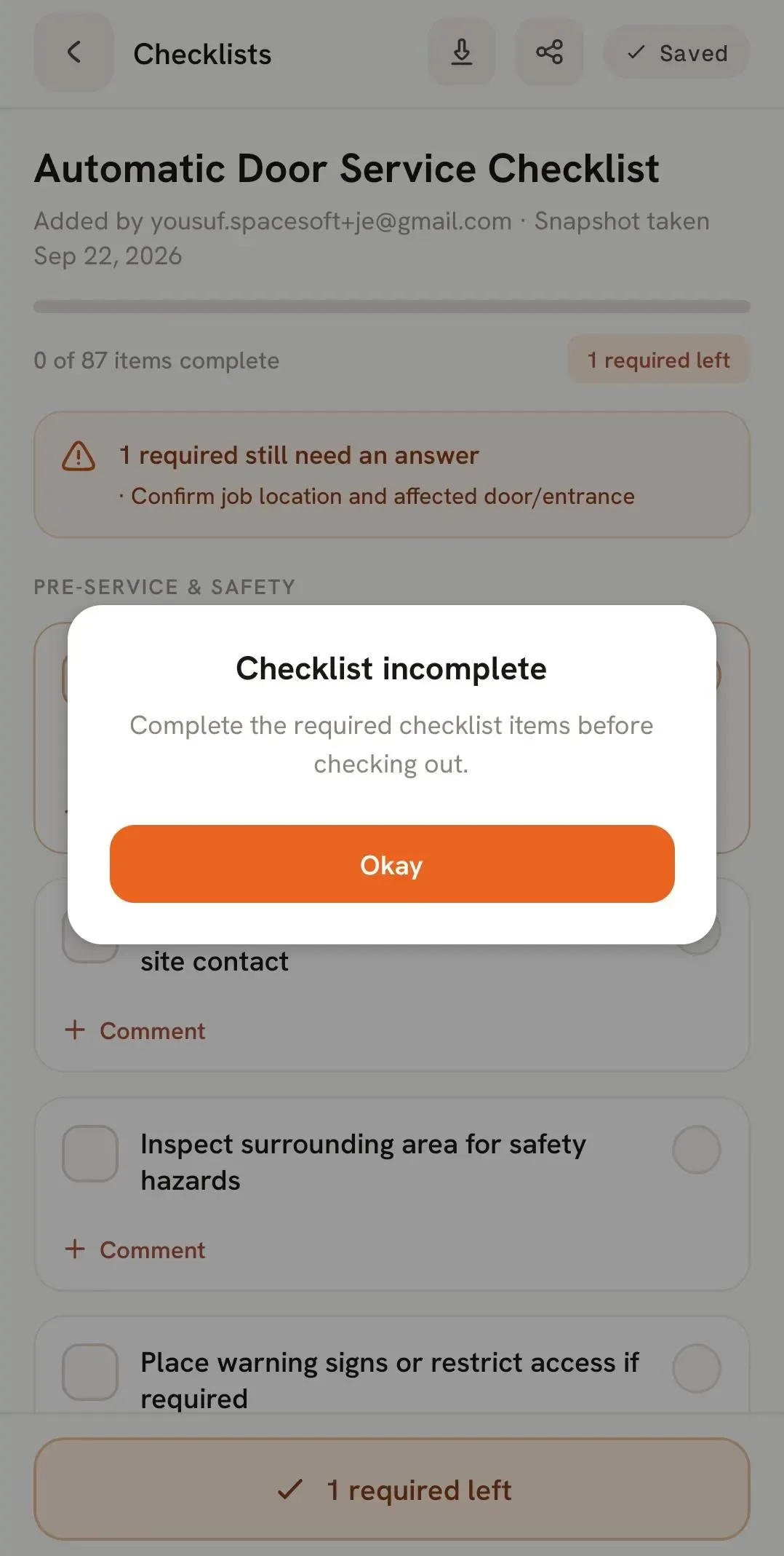 Checklist incomplete alert requiring an item response