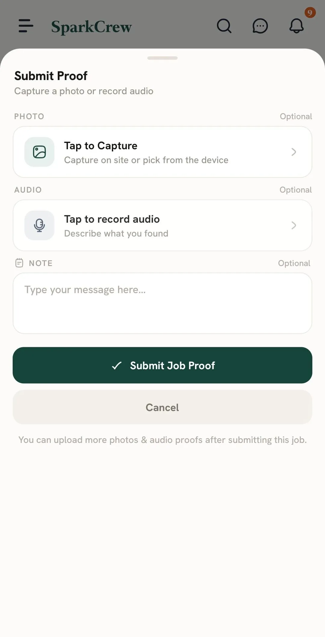 Submit Job Proof form with photo, audio, and note fields