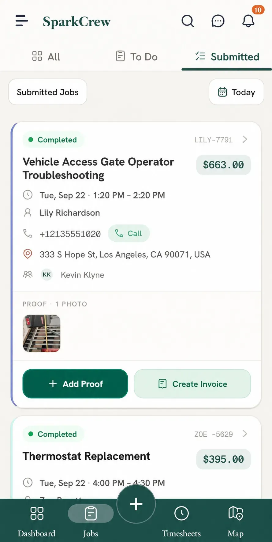 Submitted job card with highlighted Add Proof button