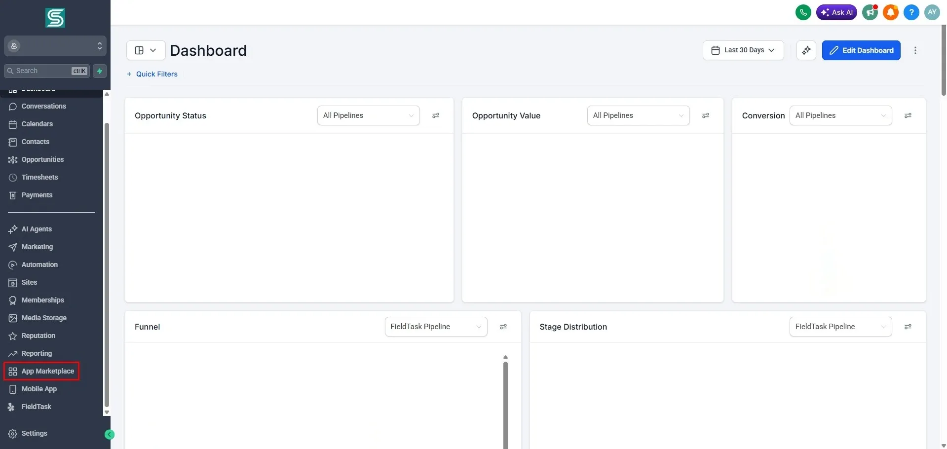 GoHighLevel sub-account Dashboard showing opportunity, conversion, funnel, and stage distribution widgets. The left sidebar navigation is visible, with App Marketplace highlighted in a red box to guide users where to access marketplace apps.