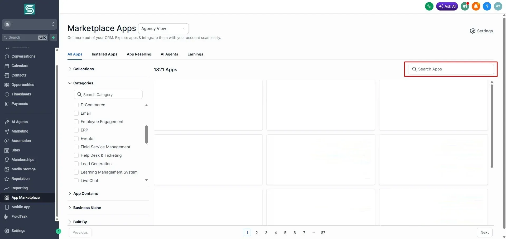 GoHighLevel Marketplace Apps page in Agency View showing all app categories and app result placeholders. The App Marketplace sidebar item is selected, and a red box highlights the Search Apps field on the right for finding apps during setup.