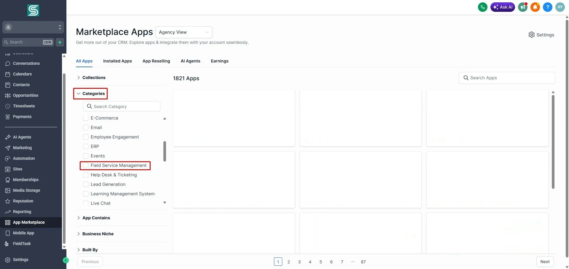 GoHighLevel Marketplace Apps page in Agency View showing app categories and blank app cards. Red boxes highlight the Categories filter and Field Service Management checkbox, guiding users to filter marketplace apps during FieldTask setup.