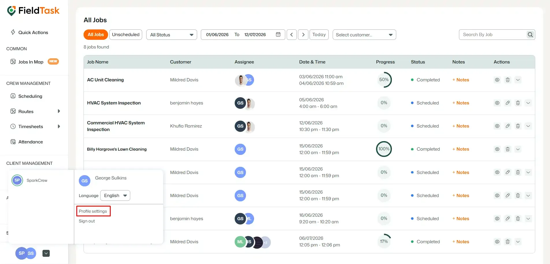 FieldTask profile menu with Profile Settings highlighted