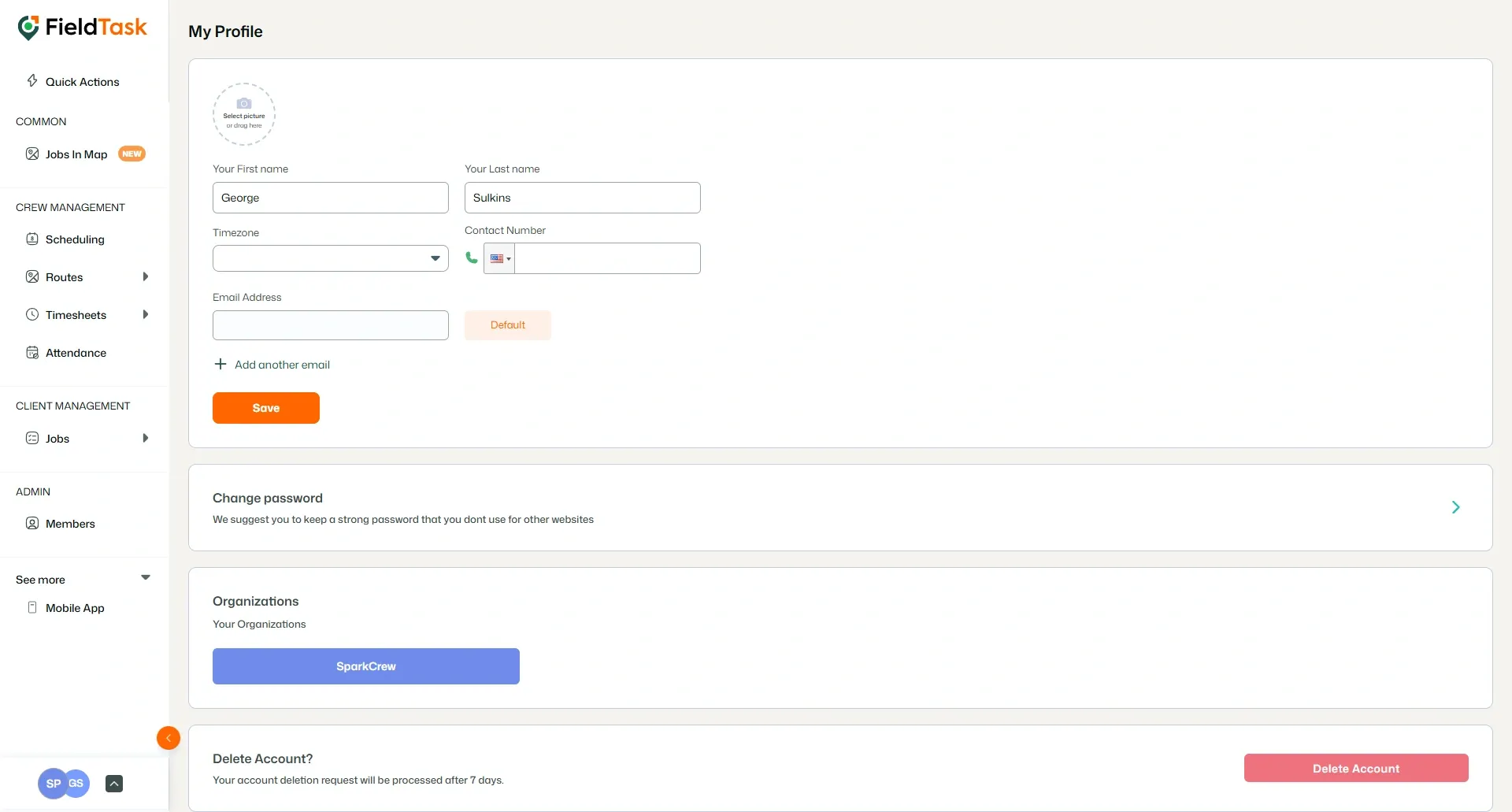 FieldTask profile settings page with member details