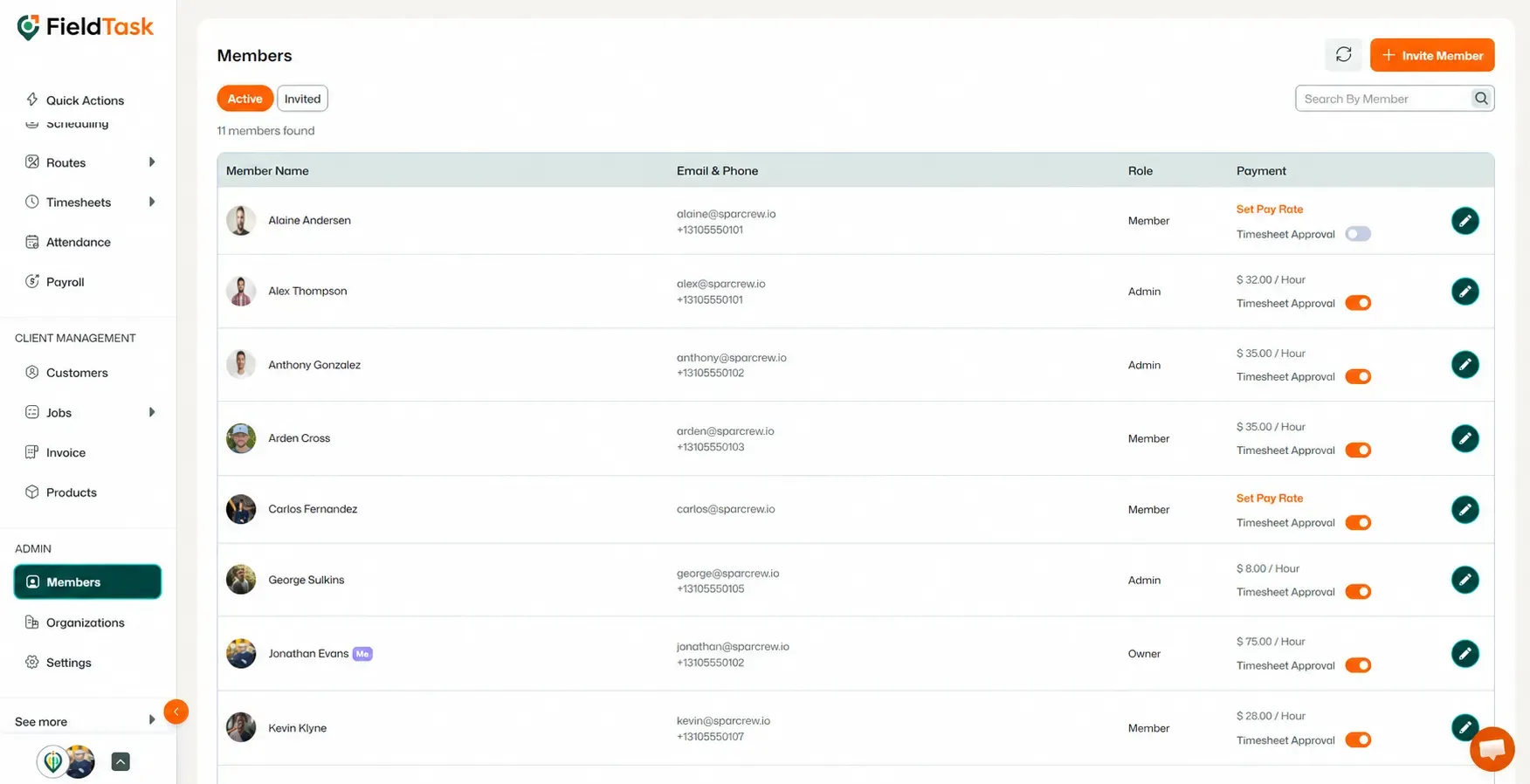 Members page with highlighted sidebar and edit controls