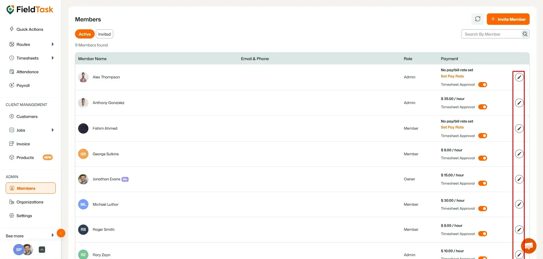 FieldTask members list with edit actions highlighted