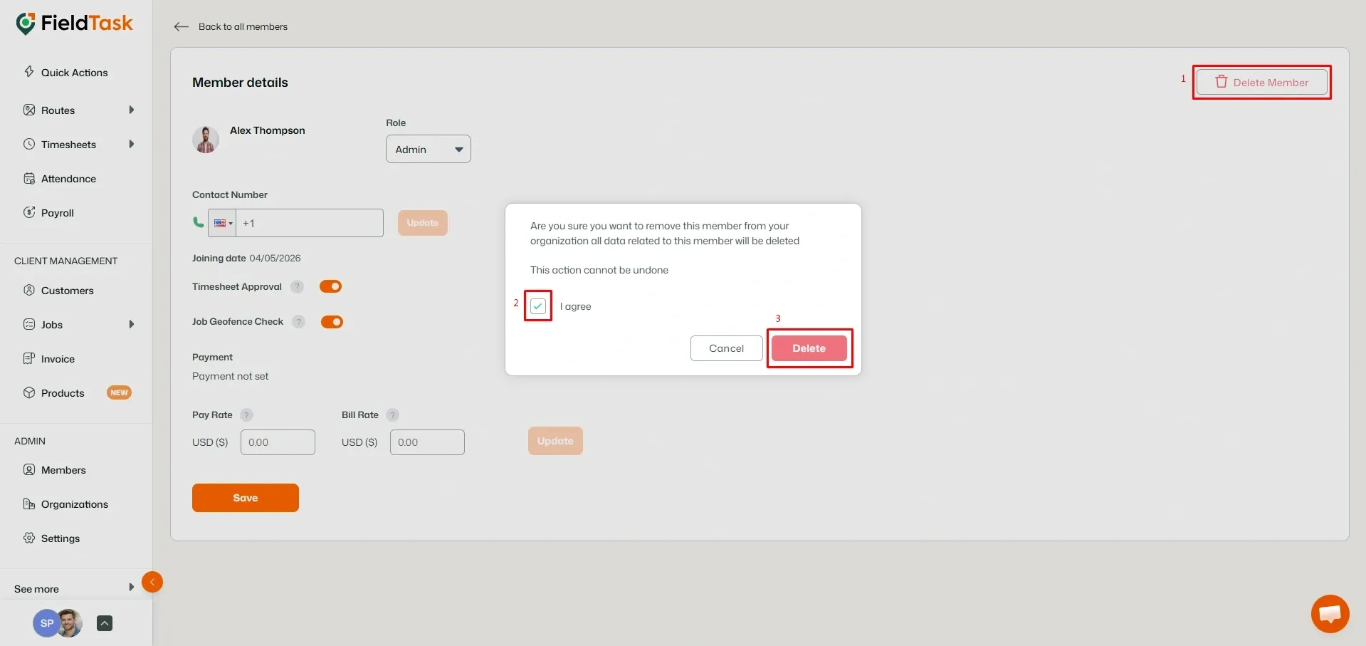 FieldTask member delete confirmation modal with agreement checkbox and Delete button highlighted
