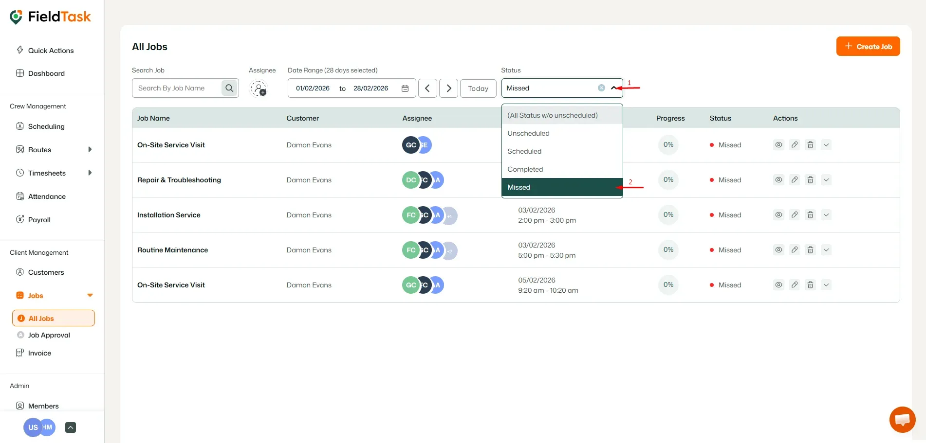 FieldTask All Jobs Missed Page