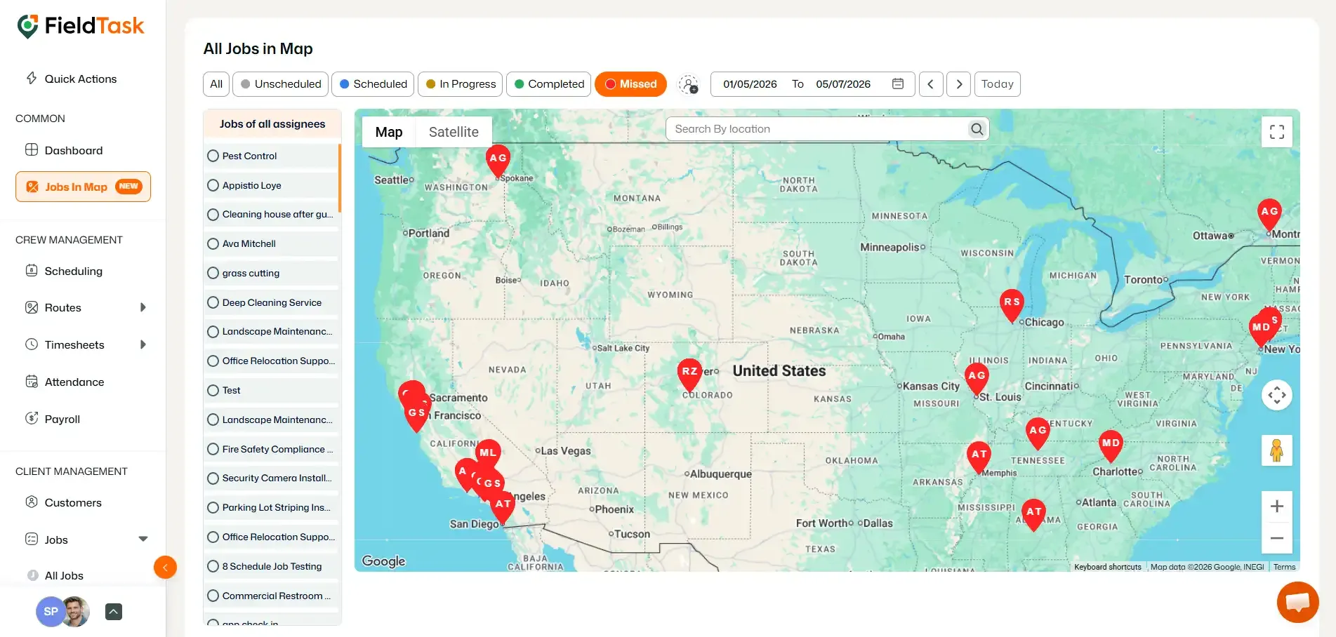 FieldTask missed jobs map with red location markers