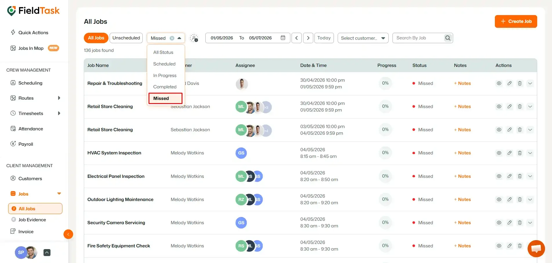FieldTask missed jobs list with status dropdown open