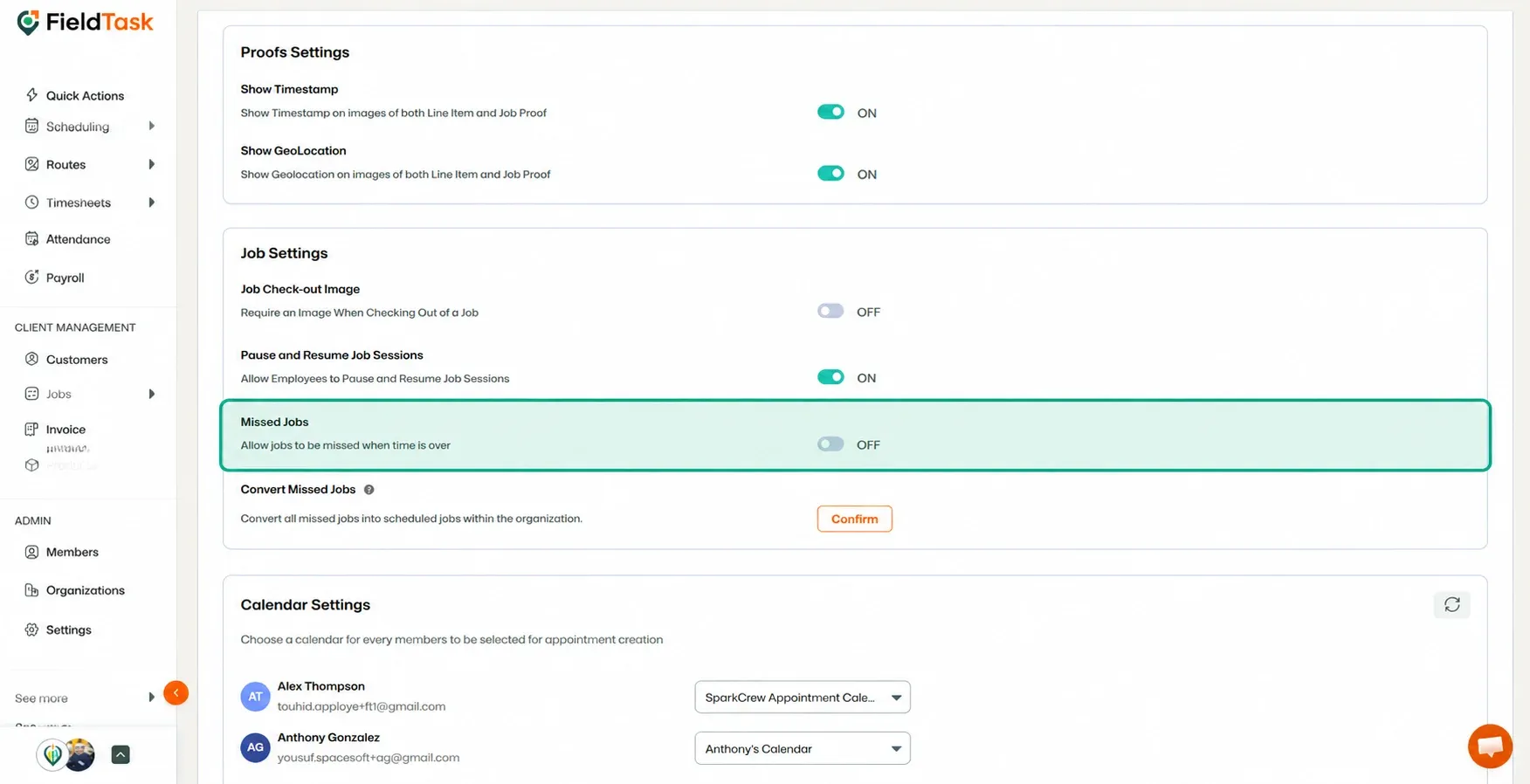 Missed Jobs setting row highlighted with toggle control
