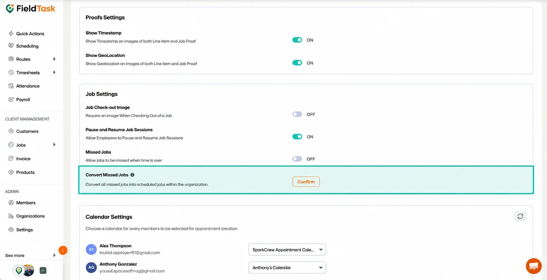 Settings page highlighting Missed Jobs option in Job Settings