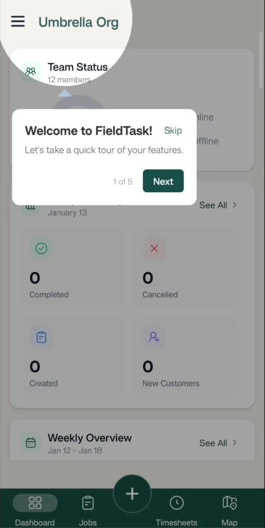 FieldTask Mobile App Dashboard