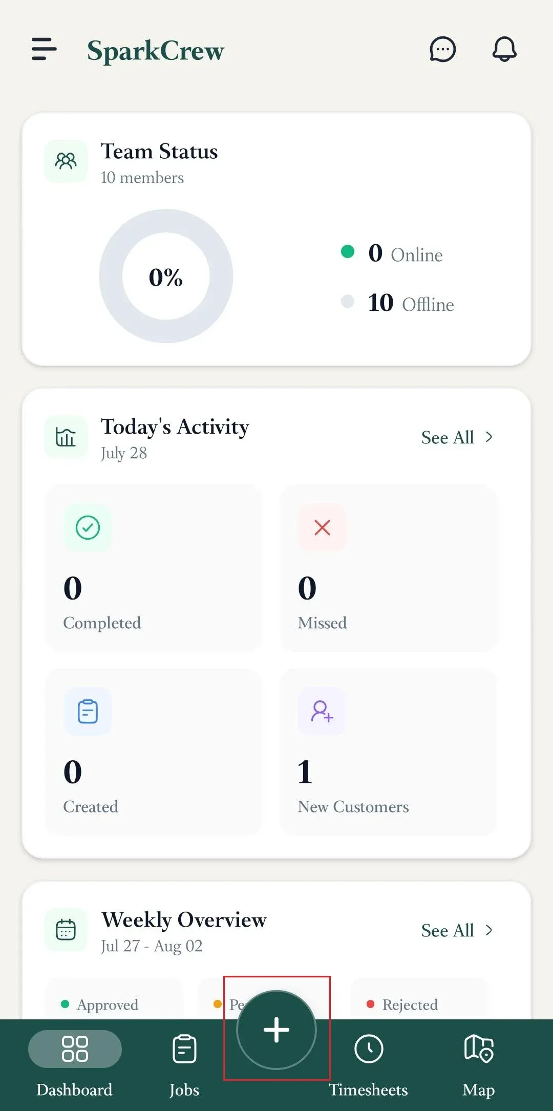 FieldTask mobile dashboard with bottom quick-add button highlighted