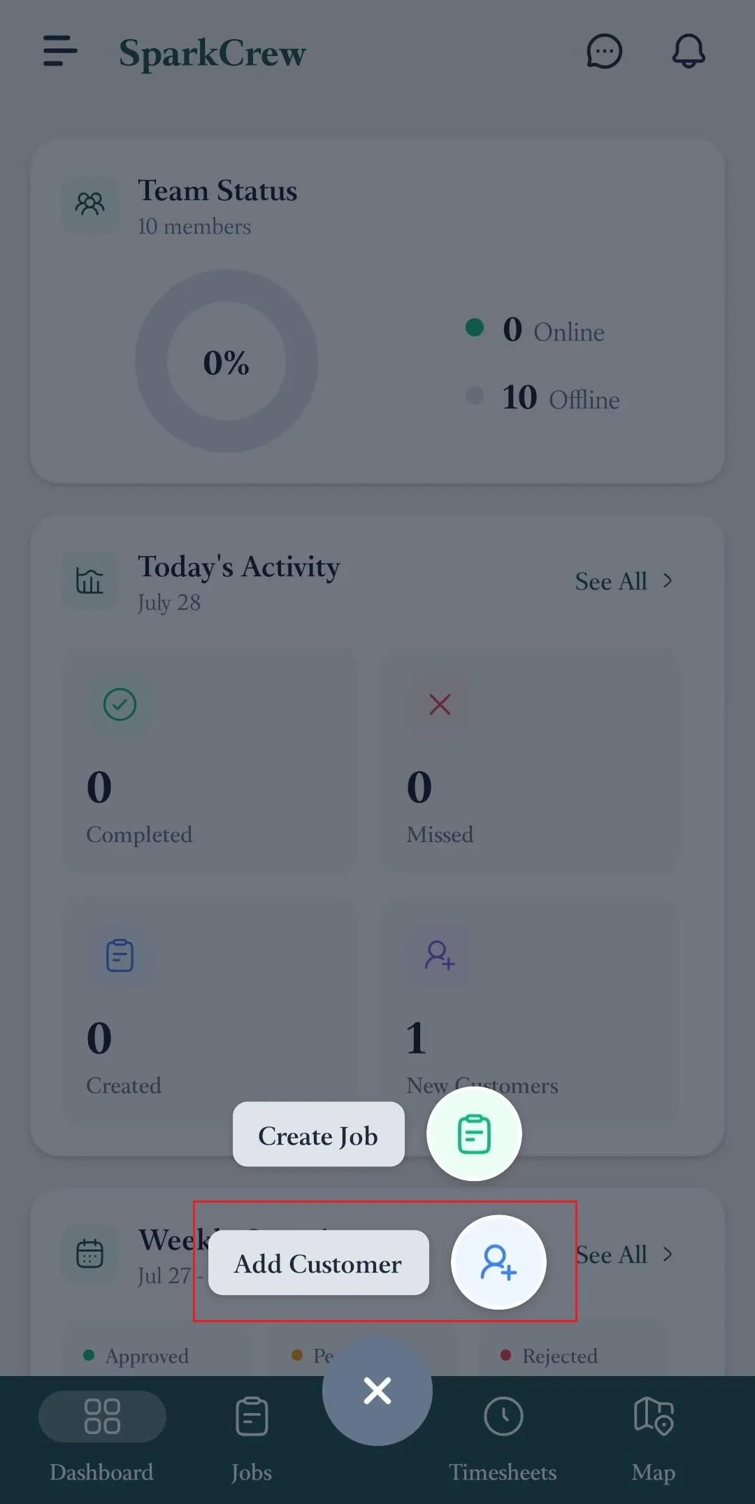 FieldTask mobile quick-add menu with Add Customer option highlighted