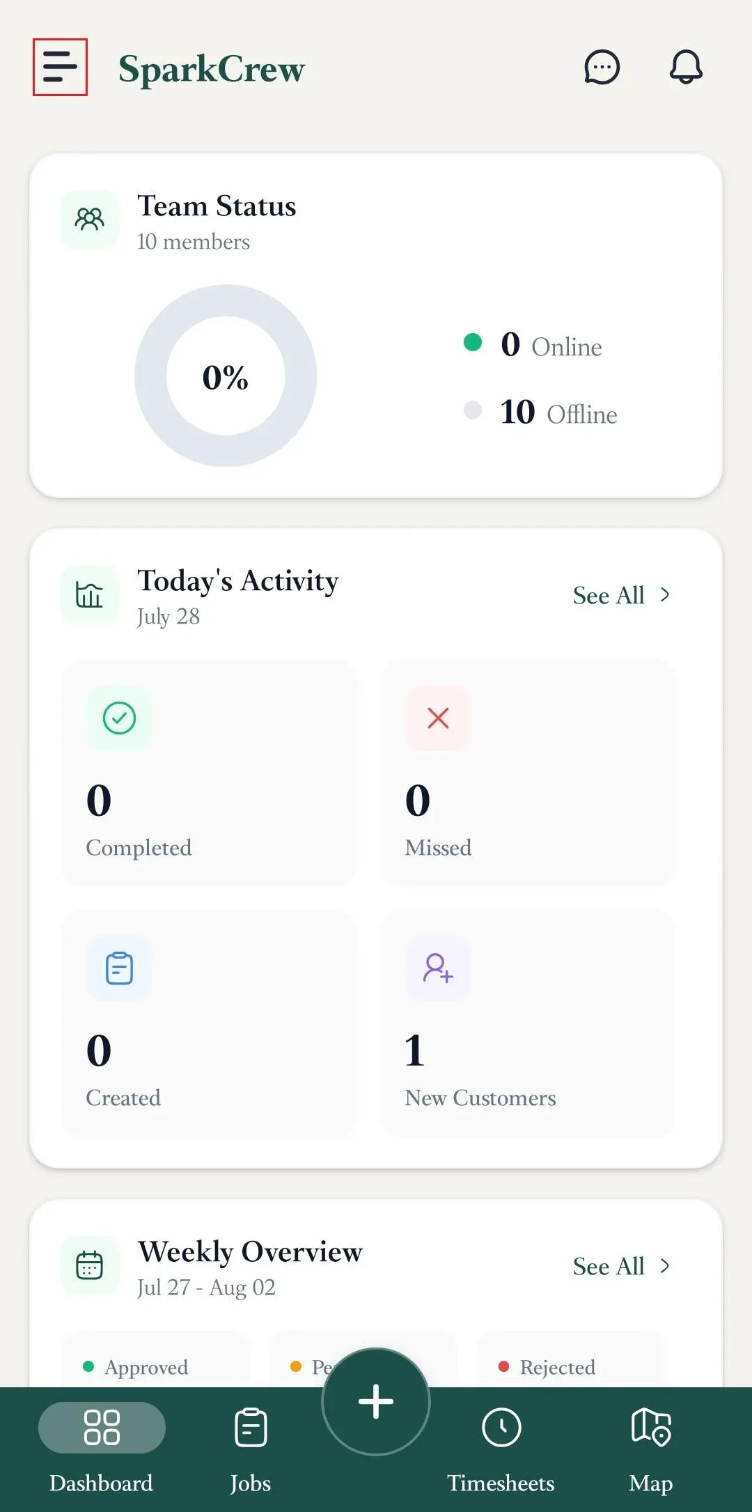 FieldTask mobile dashboard with hamburger menu highlighted