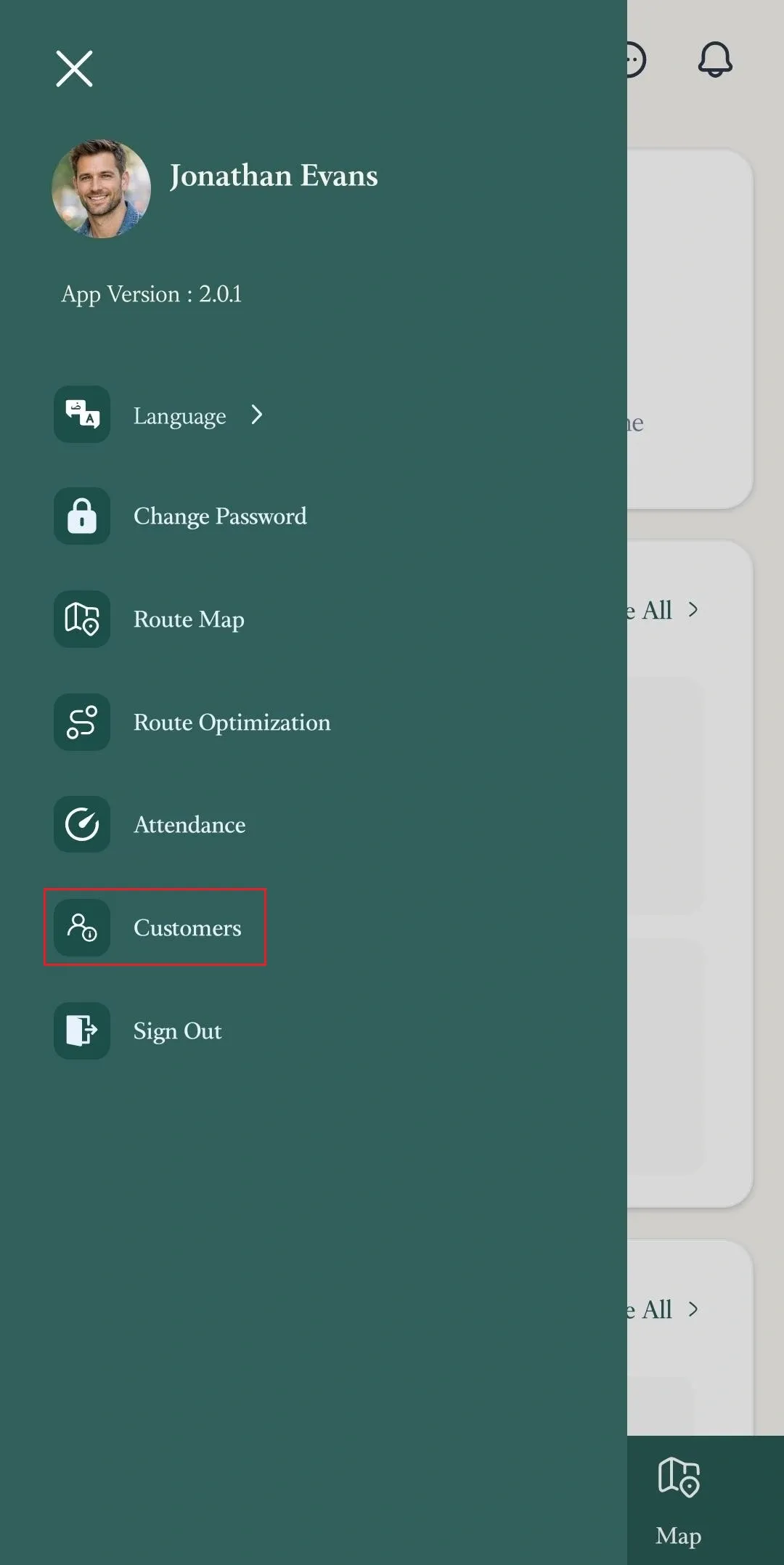 FieldTask mobile side menu with Customers option highlighted