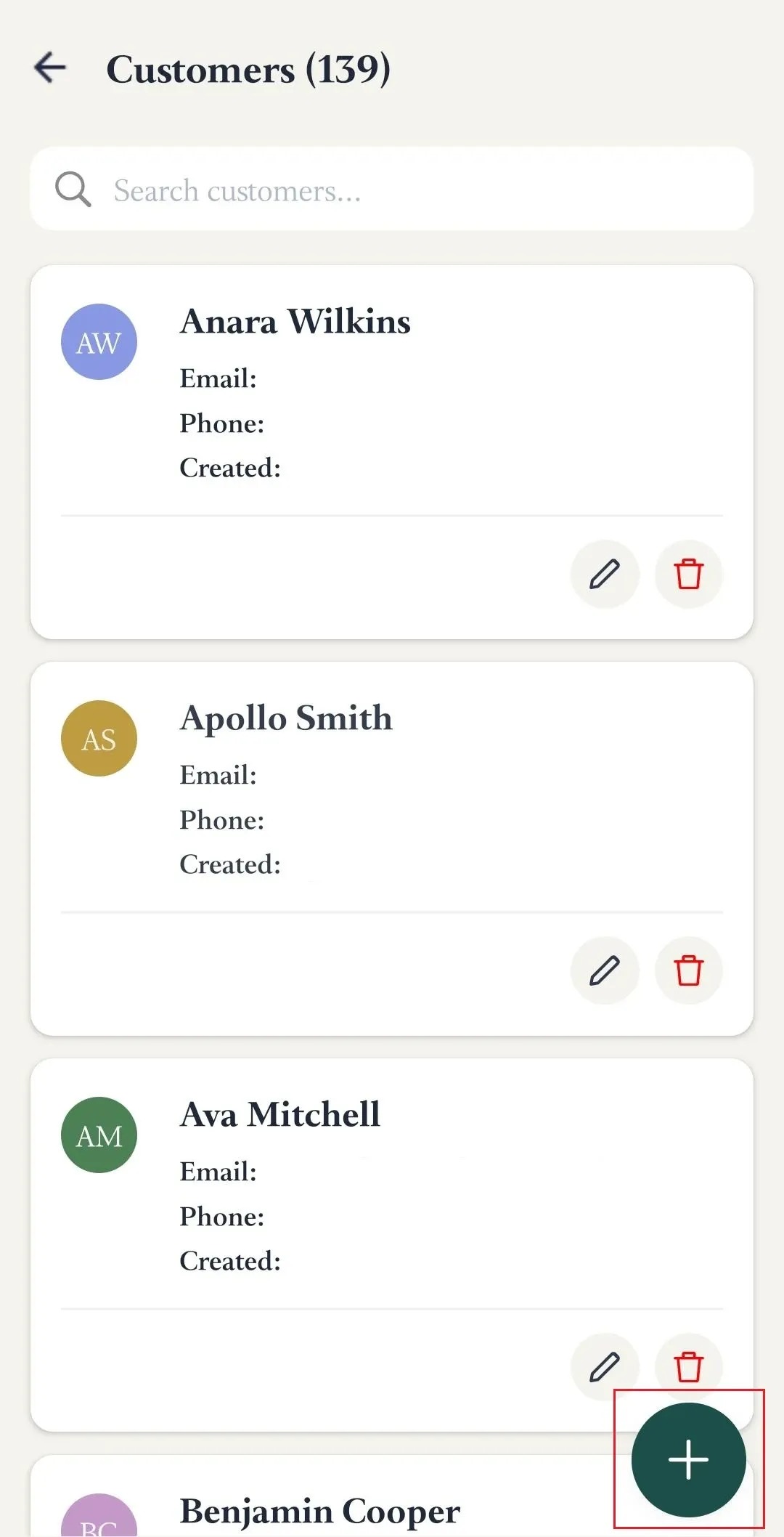 FieldTask mobile customers list with Add Customer floating action button highlighted.