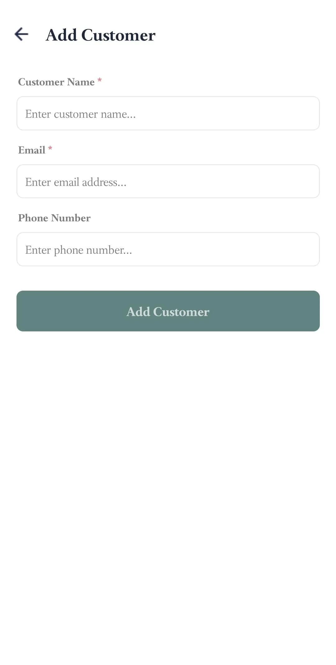 FieldTask mobile Add Customer form with customer name, email, phone number fields, and Add Customer button.