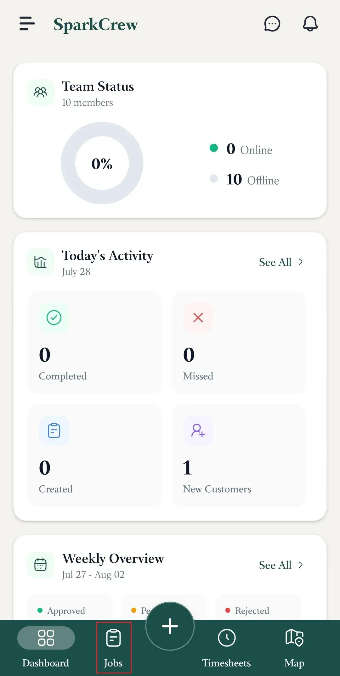FieldTask mobile dashboard with Jobs bottom navigation highlighted.