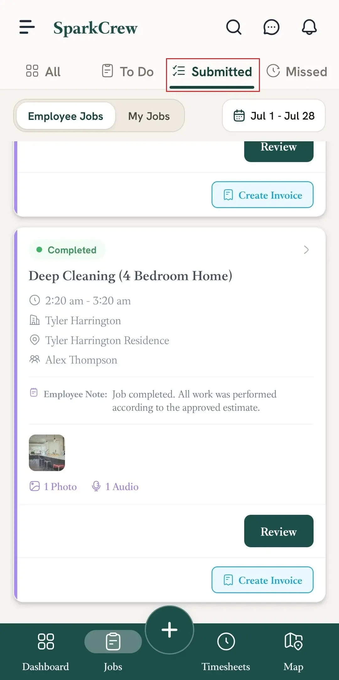 FieldTask mobile Jobs page with Submitted tab highlighted, showing completed job cards with Review and Create Invoice actions.