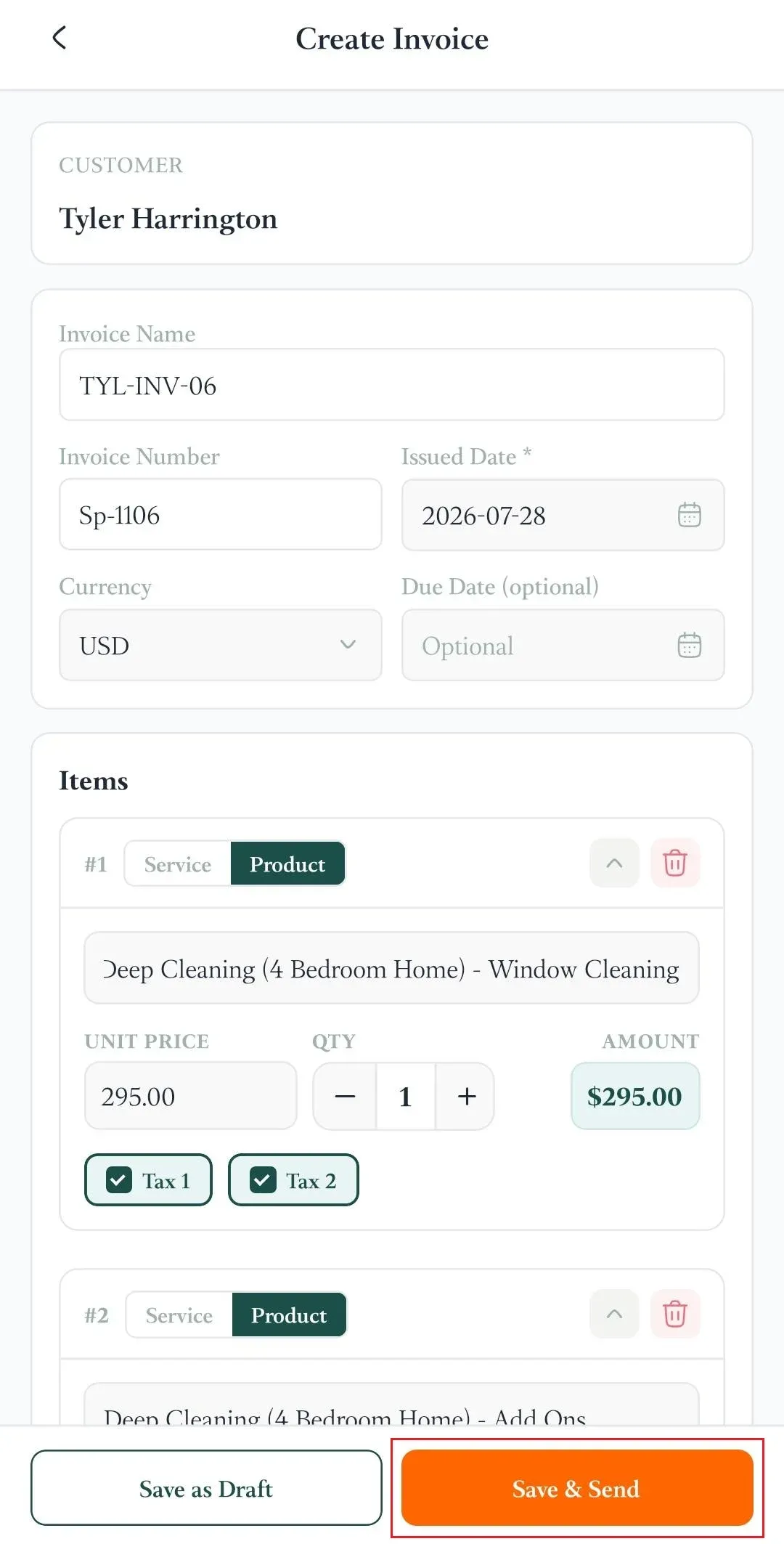 FieldTask mobile Create Invoice page with Save & Send button highlighted.