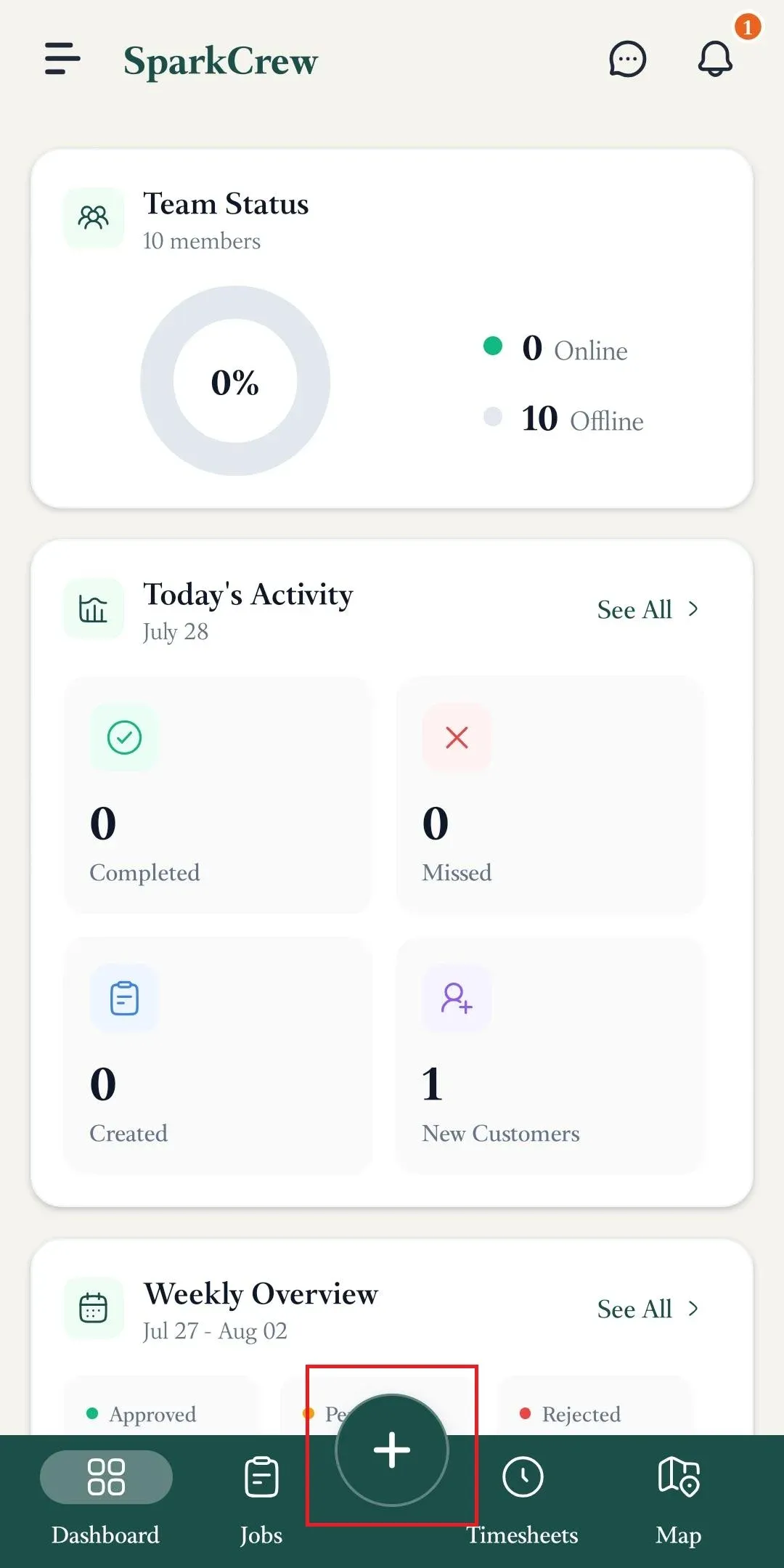 FieldTask mobile dashboard with the central quick-add button highlighted.