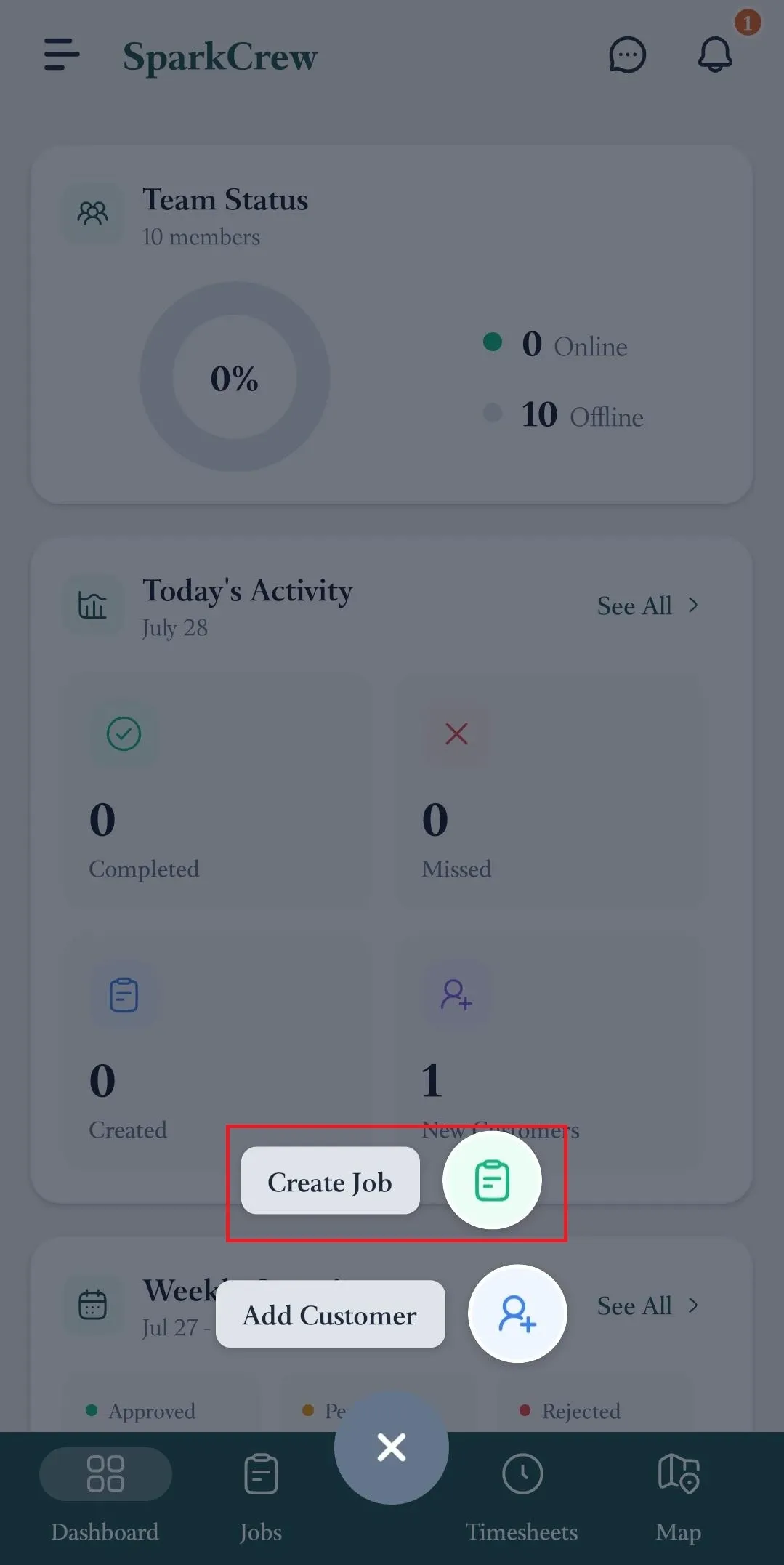 FieldTask mobile quick-add menu with the **Create Job** option highlighted.