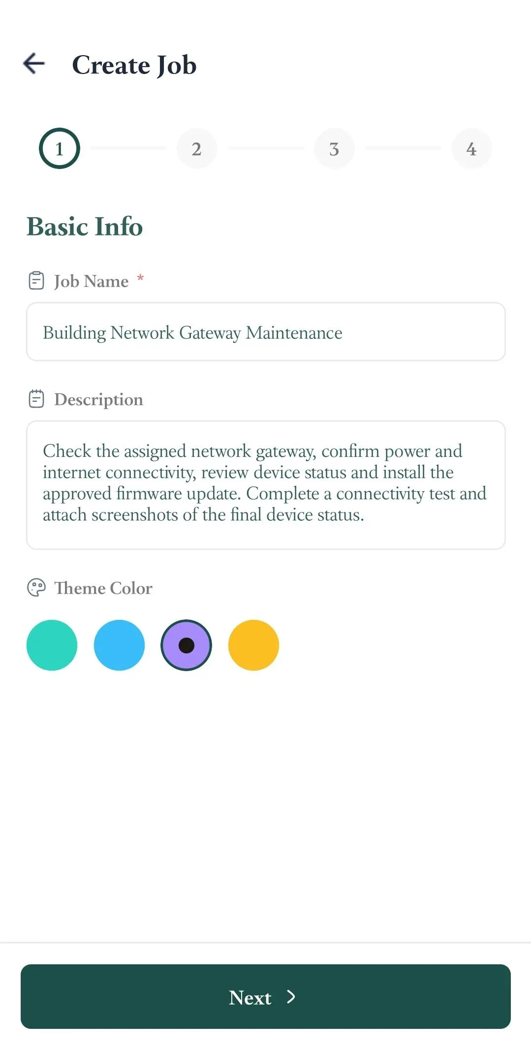 FieldTask mobile Create Job step 1 showing the job name, detailed description, theme colour options, and Next button.
